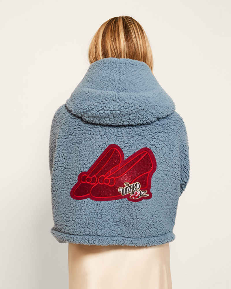 Blue fleece jacket with a red logo on the back against a beige background