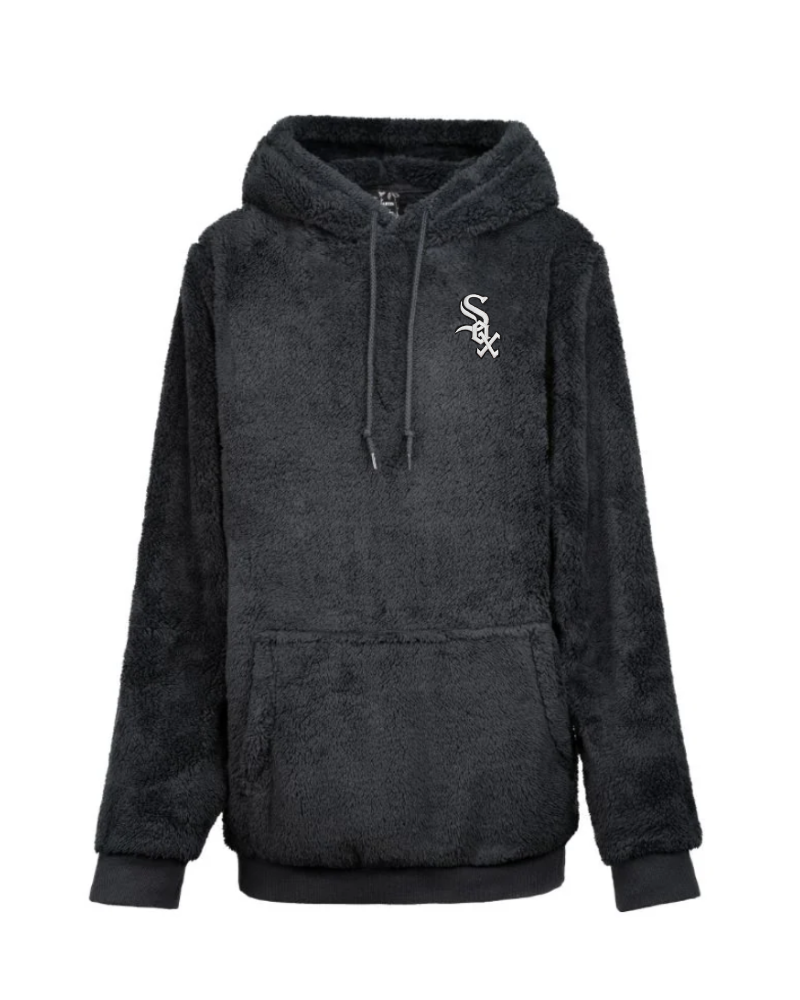 Black hoodie with a chicago white sox logo on a white background