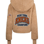 New York Knicks 2026 NBA Champions Bedazzled Remix Logo Cropped Sherpa Lounger Jacket - Caramel Teddy