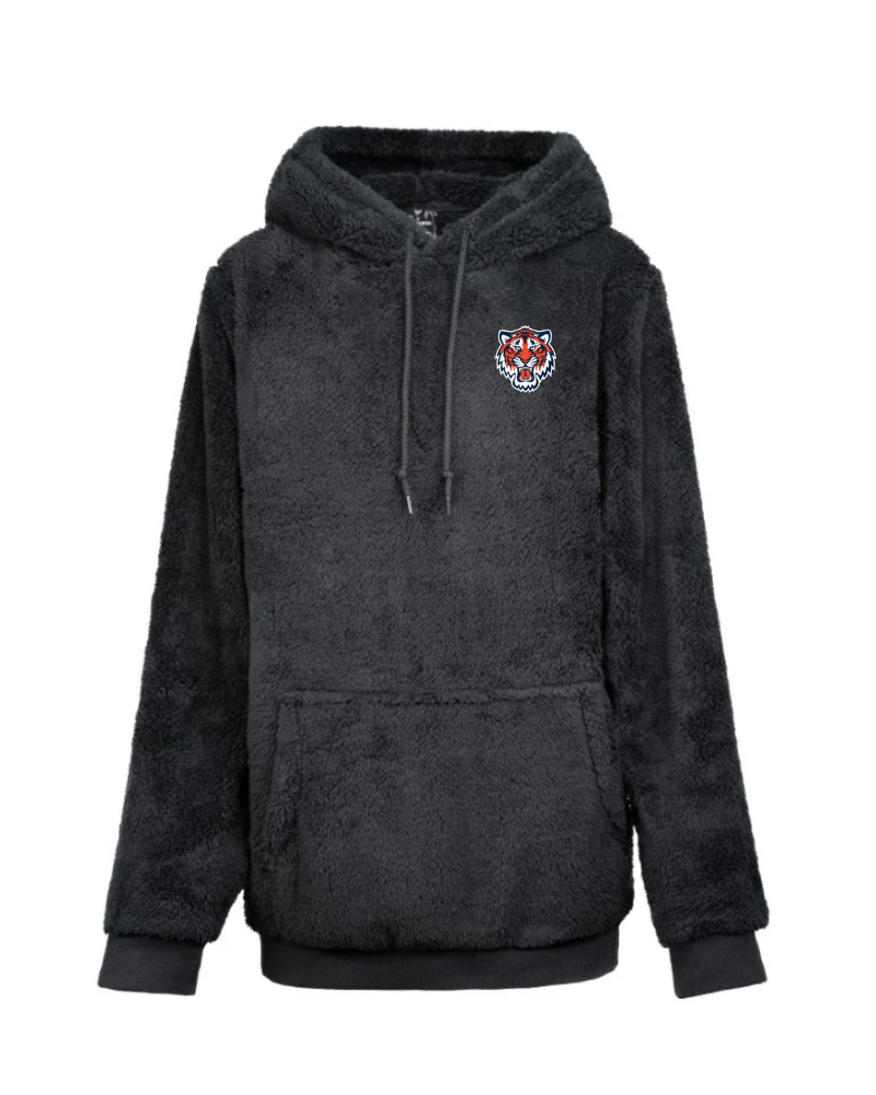 Black hoodie with a detroit tigers logo on the chest against a white background