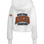 New York Knicks 2026 NBA Champions Bedazzled Remix Logo Cropped Sherpa Lounger Jacket - White