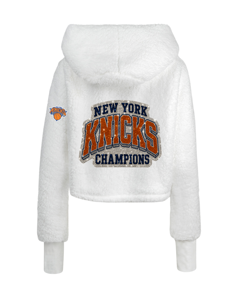 White hoodie with New York Knicks logo and text on a white background