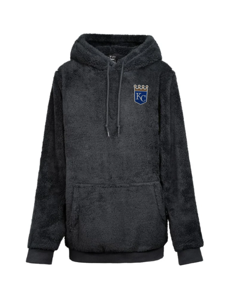 Black hoodie with a kansas city royals logo on the chest against a white background