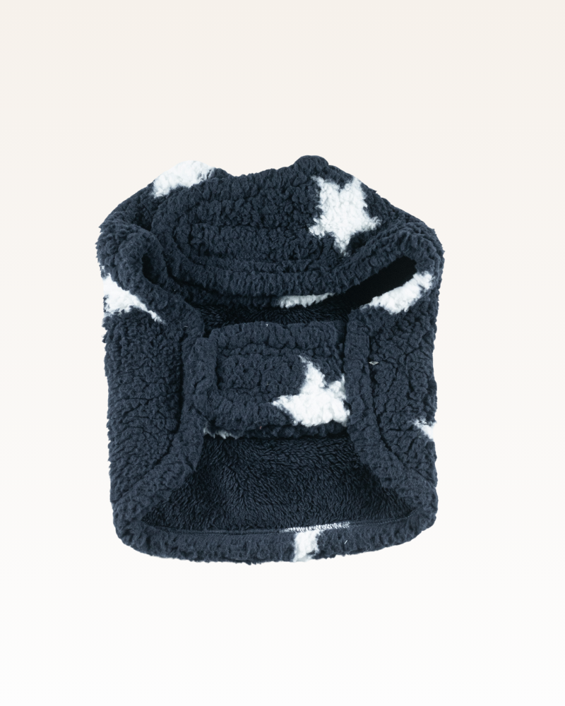 underbelly of navy sherpa pet jacket with white stars