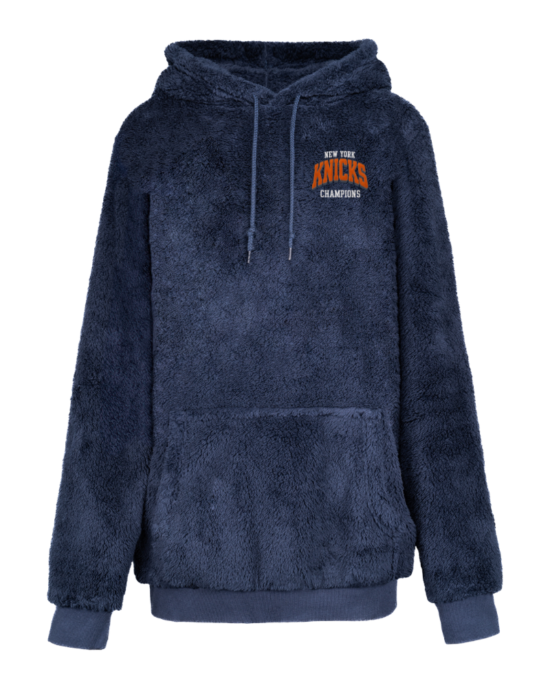 Navy blue hoodie with 'New York Knicks Champions' text on a white background