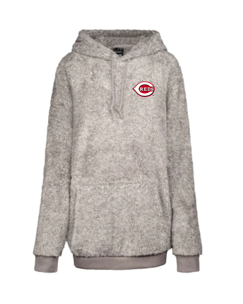 Gray hoodie with a red and white cincinnati reds logo on a white background