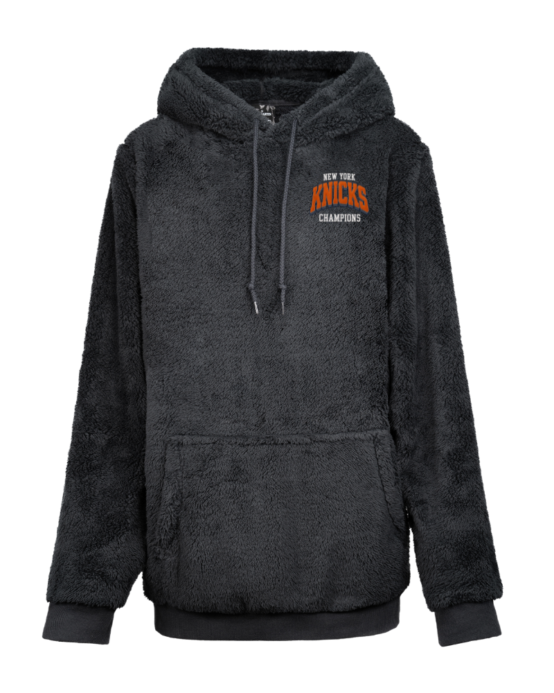 Black hoodie with 'New York Knicks Champions' text on a white background