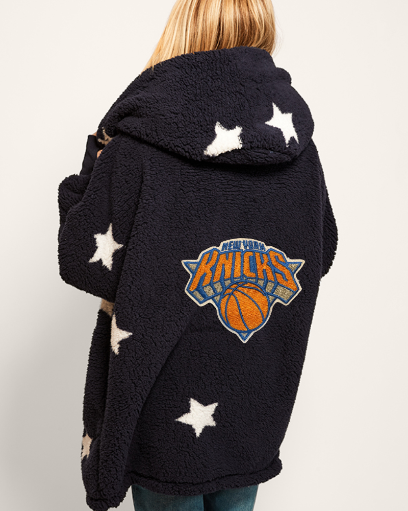 navy hoodie with star patterns and New York Knicks logo on a plain background