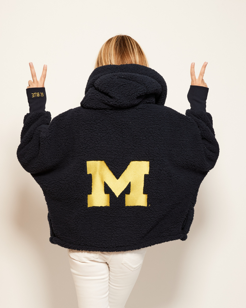 Person wearing a navy hoodie with a gold university of michigan 'M' on the back against a white background