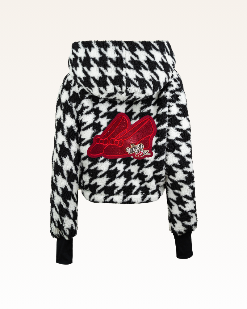 Houndstooth pattern jacket with a red logo on a white background