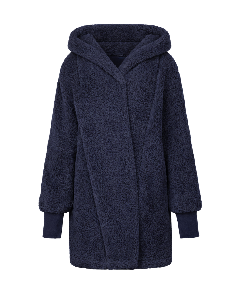 Navy blue hooded coat on a white background