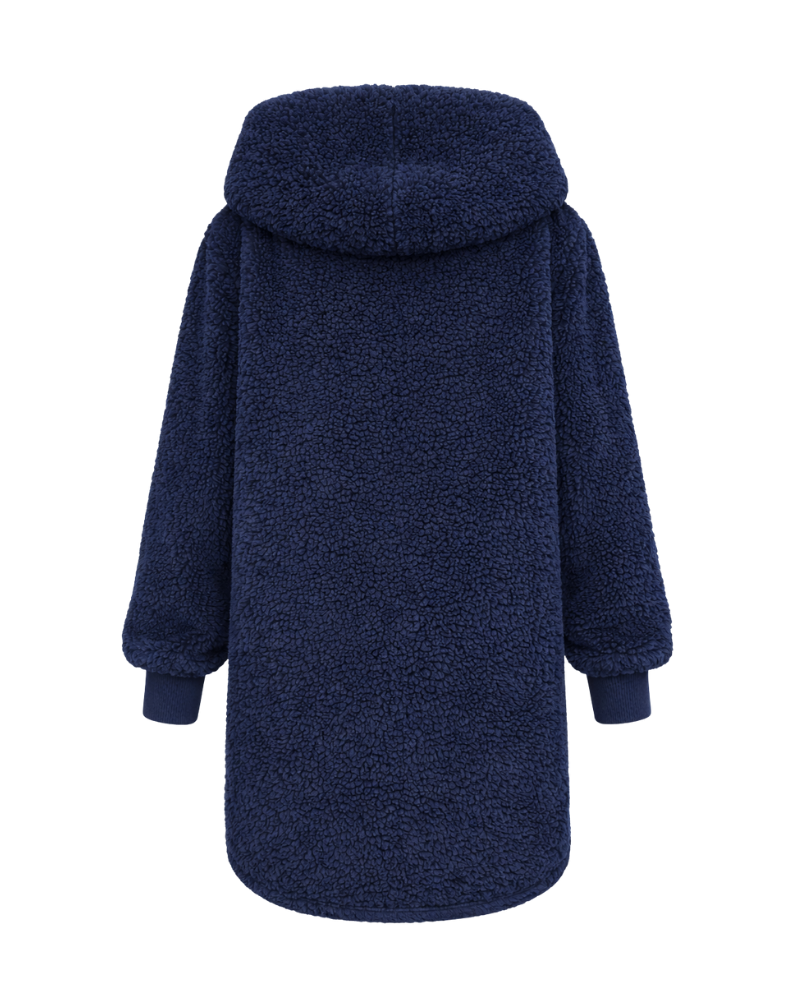 Navy blue hooded coat on a white background