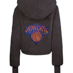 New York Knicks Bedazzled Logo Cropped Sherpa Lounger Jacket - Black