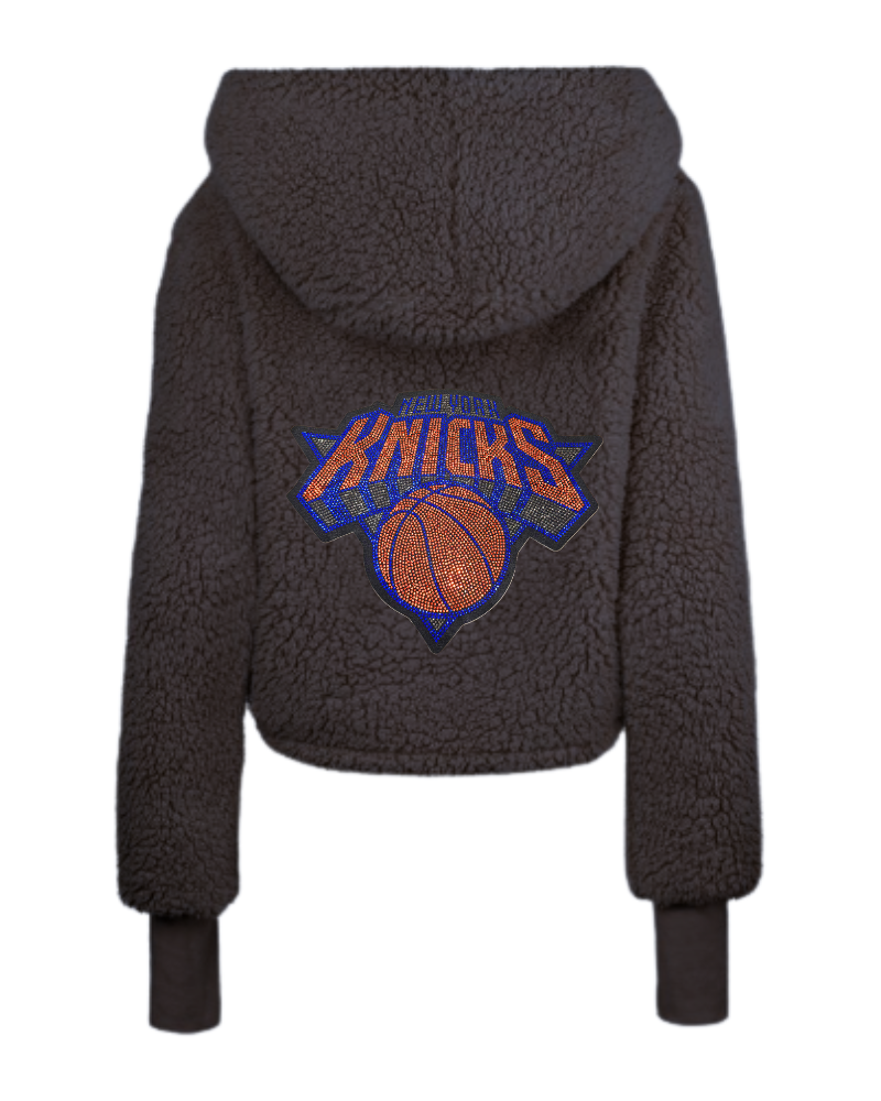 Dark gray fleece jacket with Knicks logo on a white background