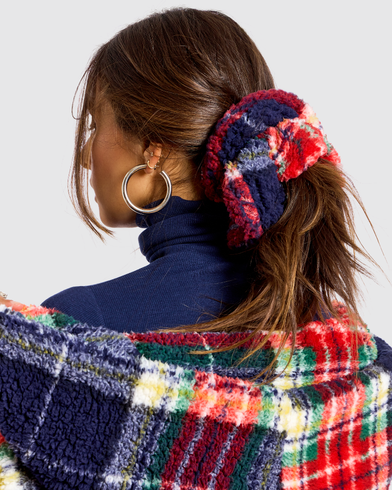 Classic Cropped Sherpa Lounger Jacket - Navy Plaid