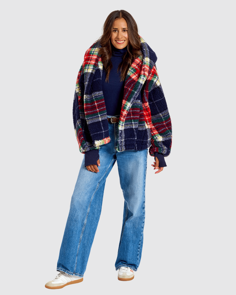 Classic Cropped Sherpa Lounger Jacket - Navy Plaid