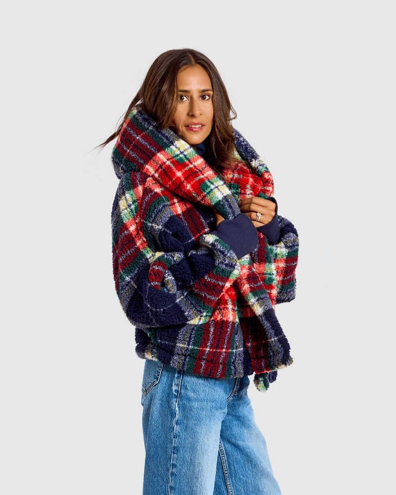Classic Cropped Sherpa Lounger Jacket - Navy Plaid