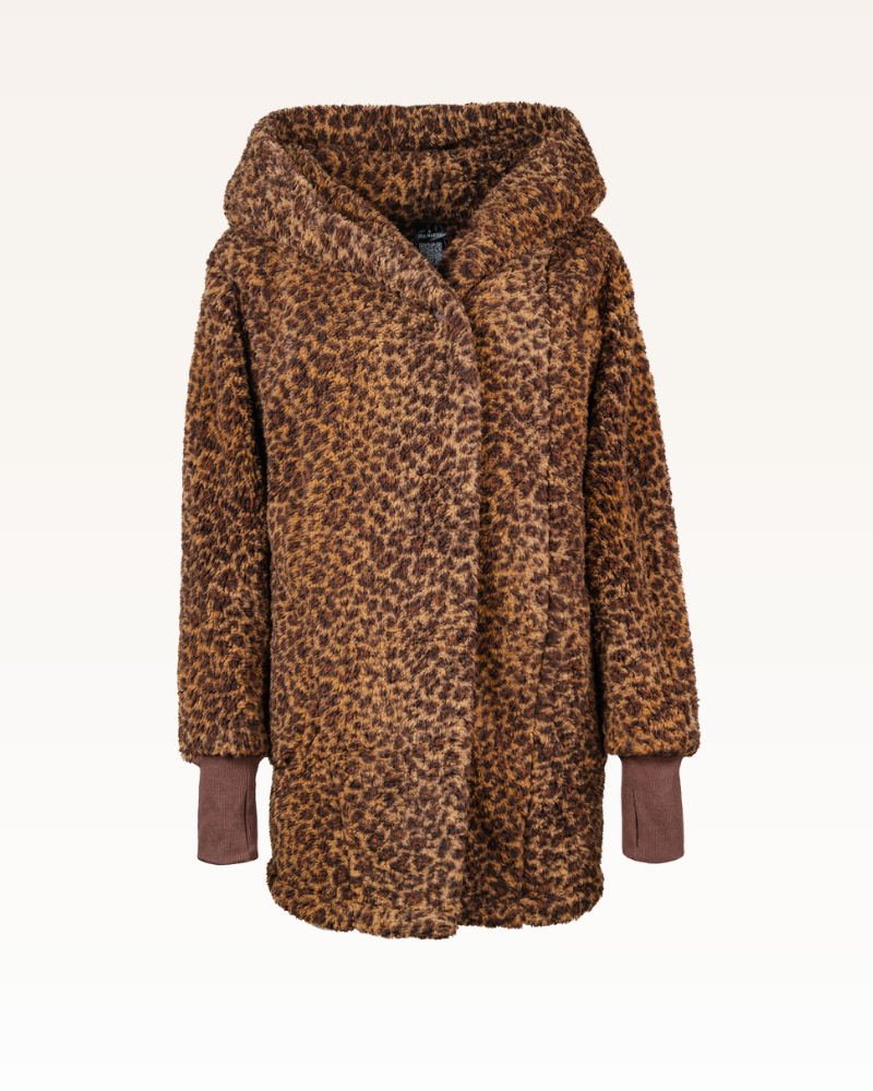 Leopard print sherpa on a white background