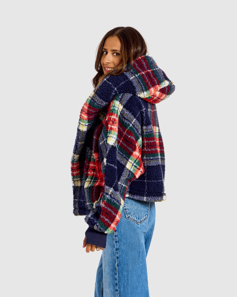 Classic Cropped Sherpa Lounger Jacket - Navy Plaid