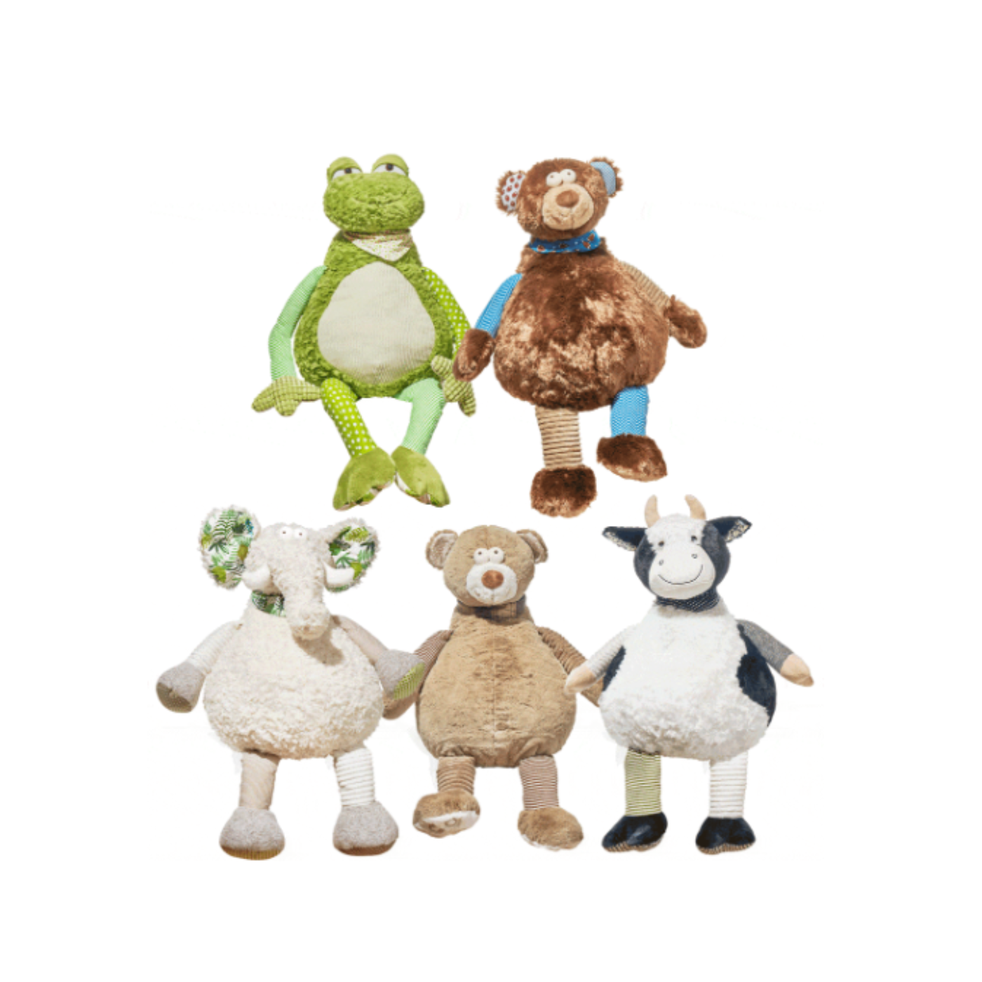 5 oversized stuffed animals (frog, bear, elephant, bear and cow)