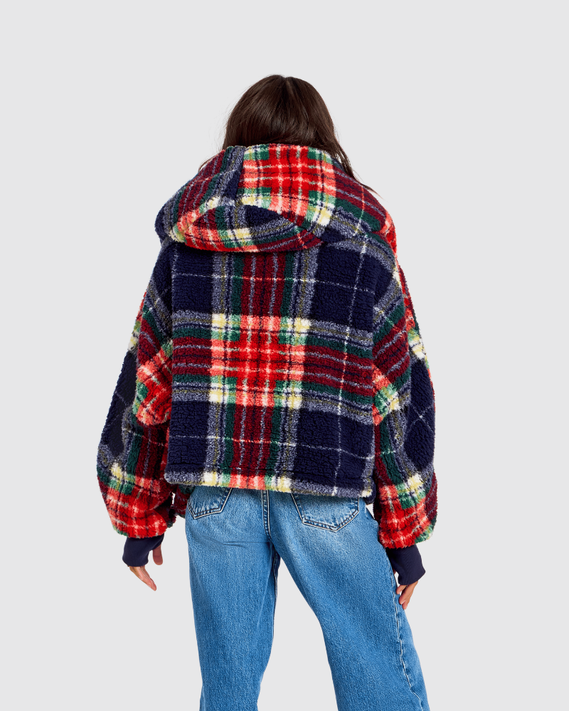 Classic Cropped Sherpa Lounger Jacket - Navy Plaid