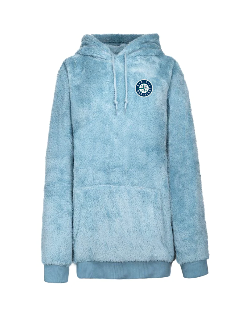 Light blue sherpa hoodie with a seattle mariners logo on a white background