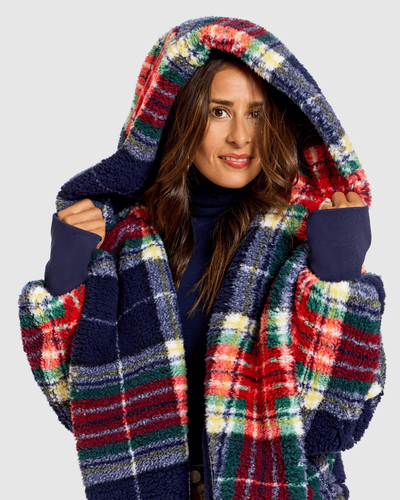 Classic Cropped Sherpa Lounger Jacket - Navy Plaid