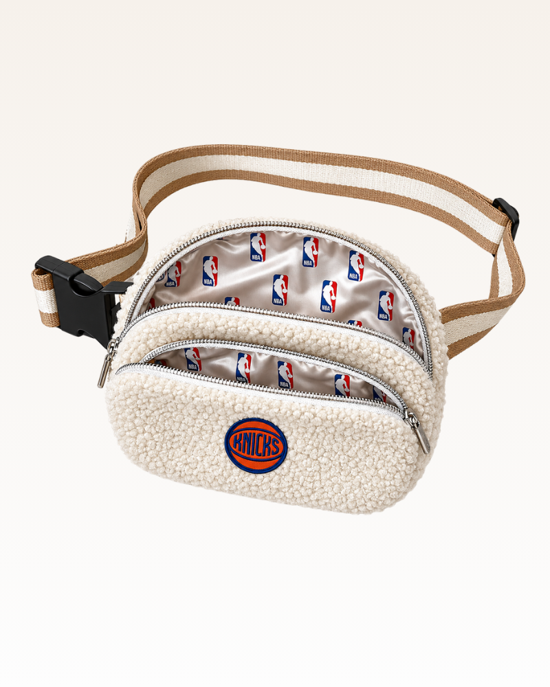 Fanny pack with NBA logo pattern on a white background