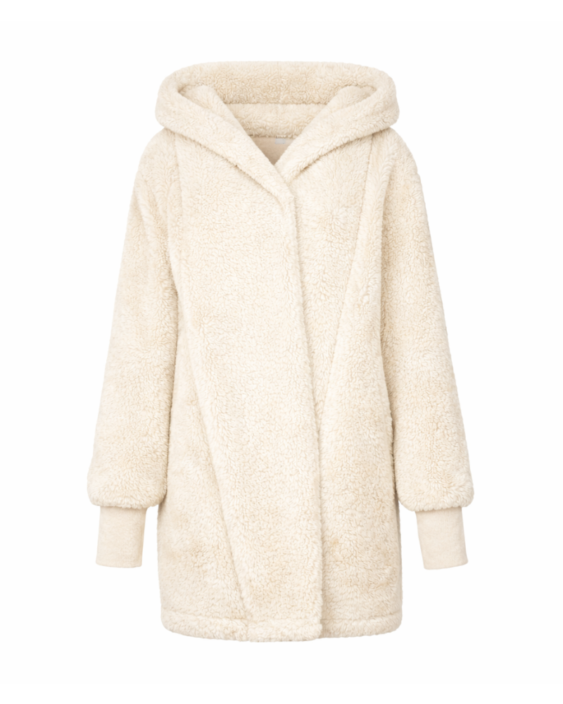 Cream-colored hooded coat on a white background