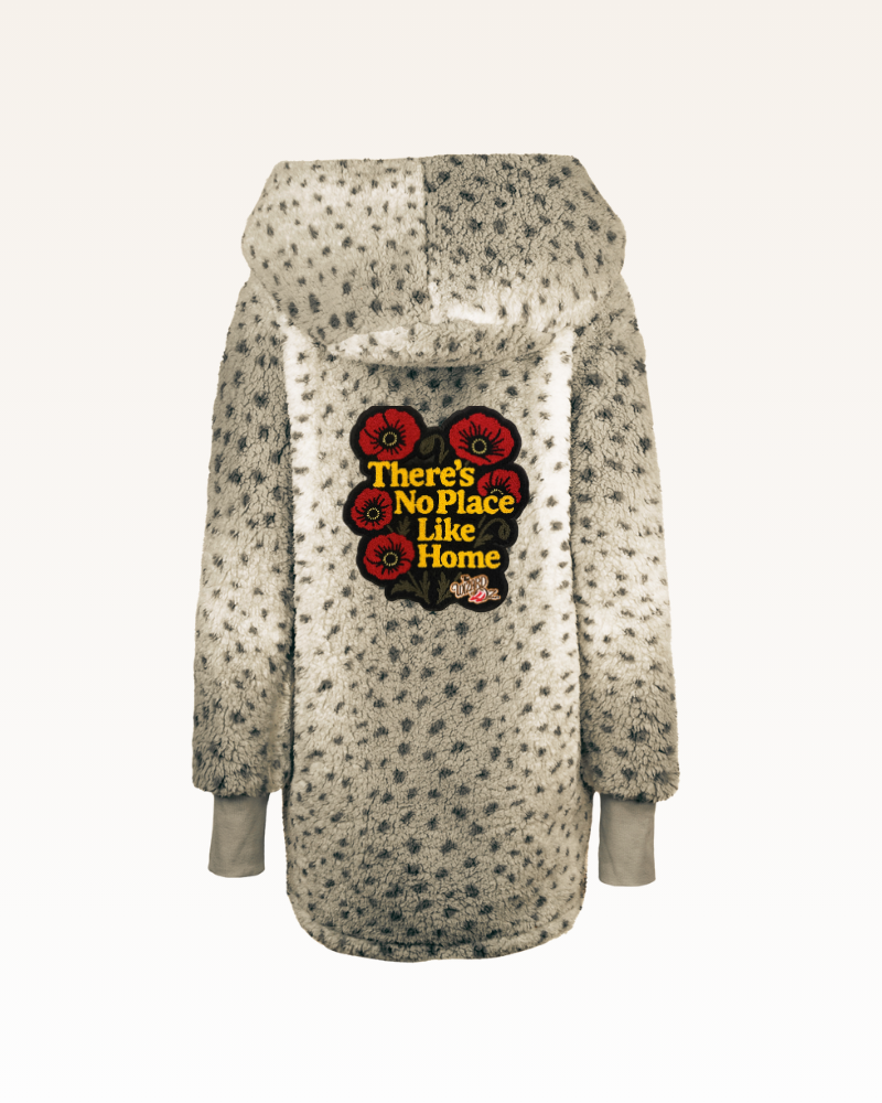 Floral-patterned jacket with text on a white background