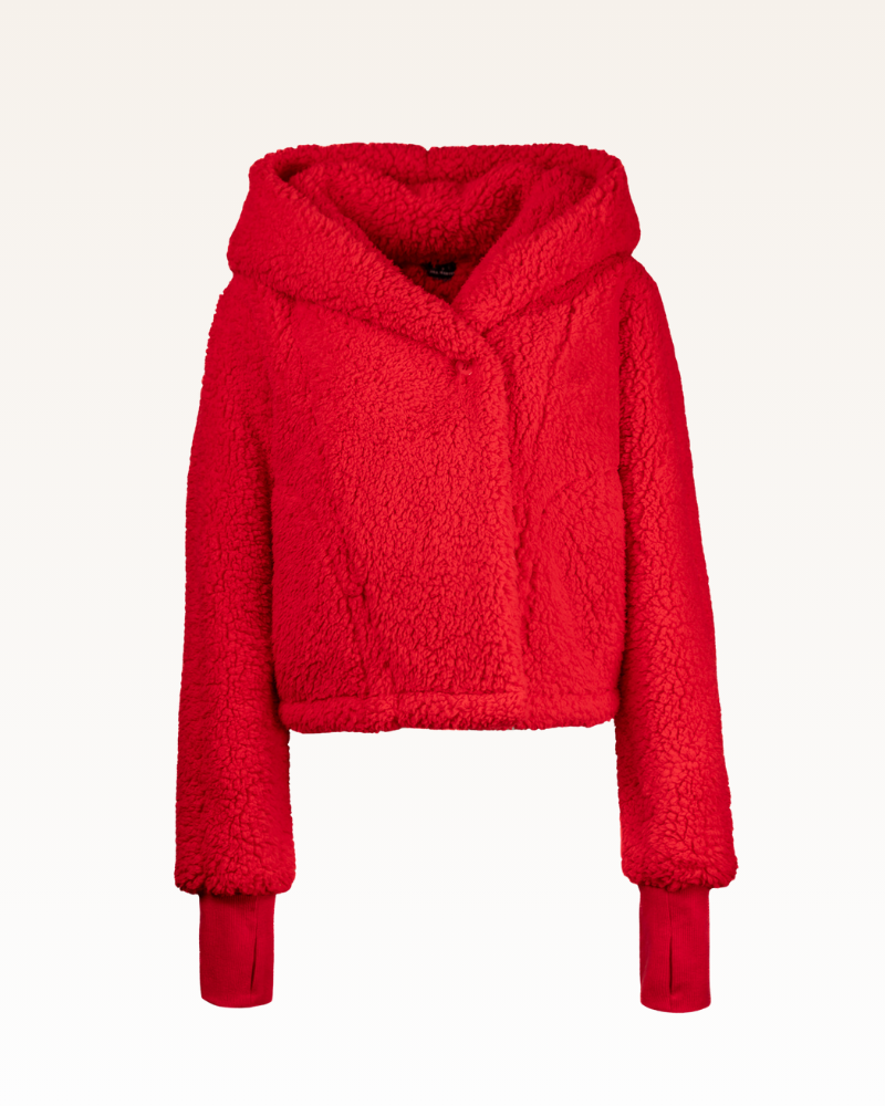 Red fleece hoodie on a white background