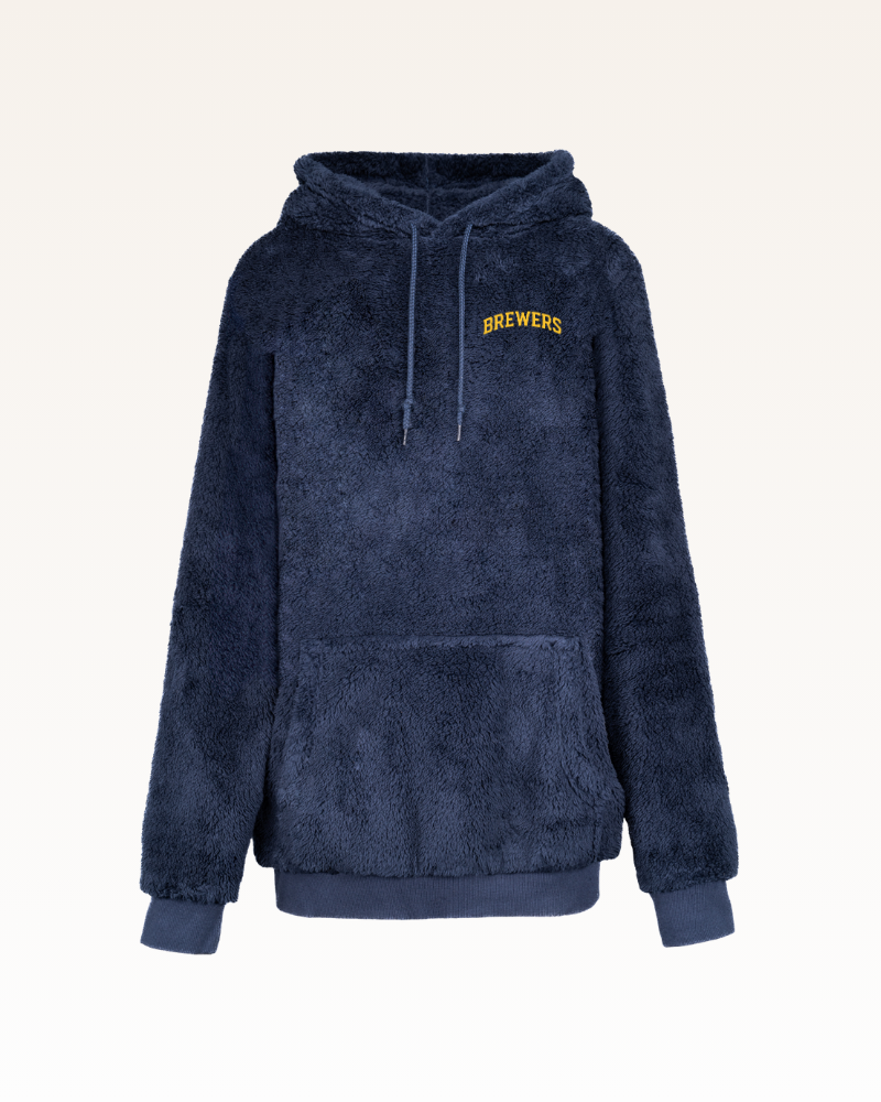 Blue hoodie with 'BREWERS' text on a white background