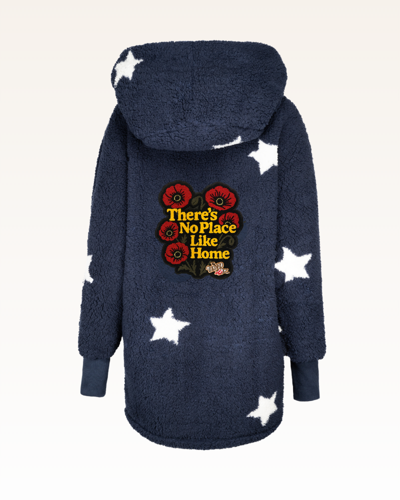 Navy blue hoodie with white star patterns and a colorful text design on the back.