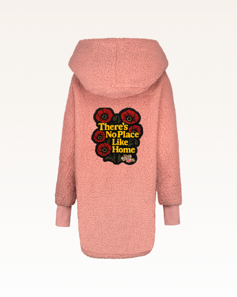 Pink hoodie with floral design and text on a white background