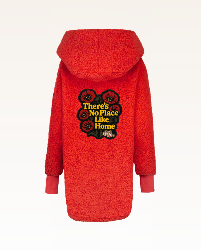 Red hoodie with a graphic design and text on the back against a white background