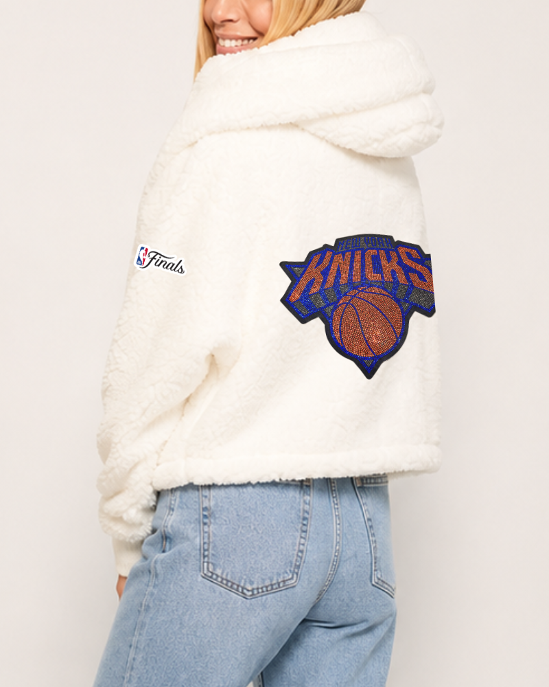 New York Knicks 2026 NBA Finals Bedazzled Logo Cropped Sherpa Lounger Jacket - White