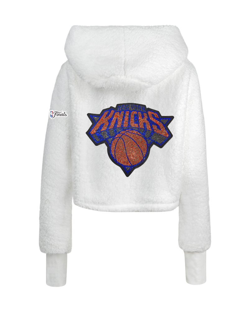 New York Knicks 2026 NBA Finals Bedazzled Logo Cropped Sherpa Lounger Jacket - White