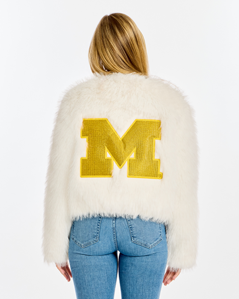 University of Michigan Bedazzled Logo Faux Fur Jacket