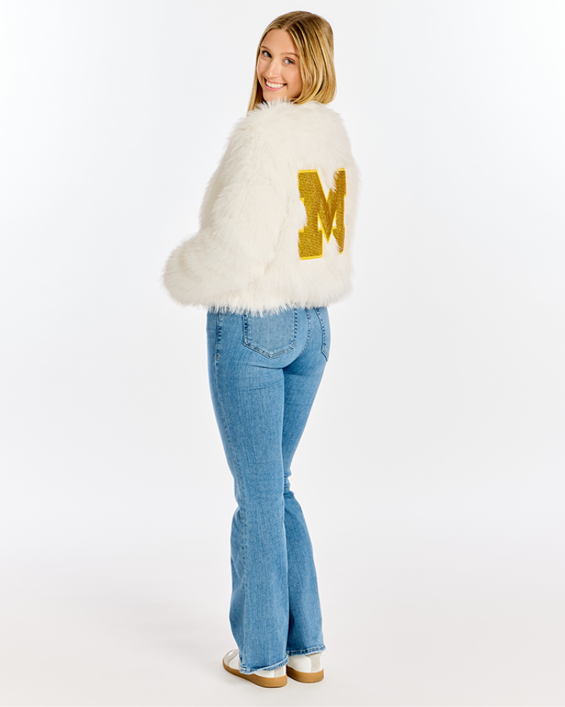 University of Michigan Bedazzled Logo Faux Fur Jacket
