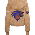 New York Knicks 2026 NBA Finals Bedazzled Remix Logo Cropped Sherpa Lounger Jacket - Caramel Teddy