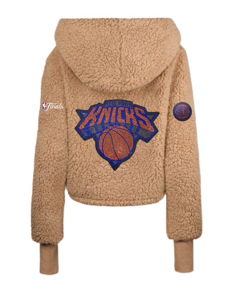 Beige fleece jacket with New York Knicks logo on a white background