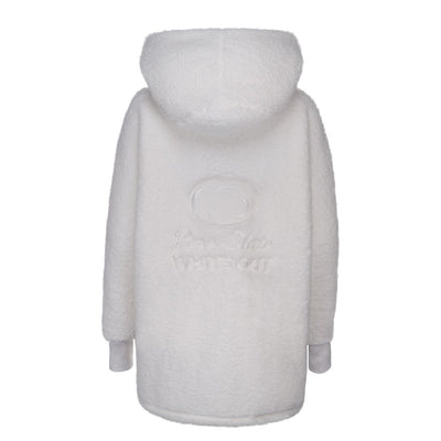 The back view of the Limited Edition Penn State White Out Lounger, a white fuzzy hooded garment with long sleeves by Jill Martin, features embossed Penn State White Out text and a logo.