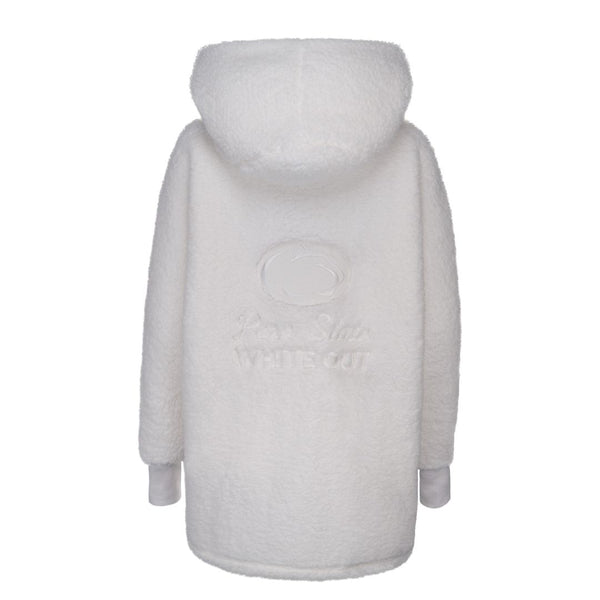 The back view of the Limited Edition Penn State White Out Lounger, a white fuzzy hooded garment with long sleeves by Jill Martin, features embossed Penn State White Out text and a logo.