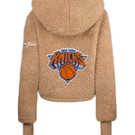 New York Knicks 2026 NBA Finals Chenille Logo Cropped Sherpa Lounger Jacket - Caramel Teddy