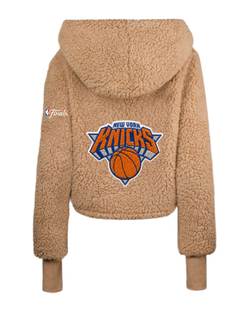 New York Knicks 2026 NBA Finals Chenille Logo Cropped Sherpa Lounger Jacket - Caramel Teddy
