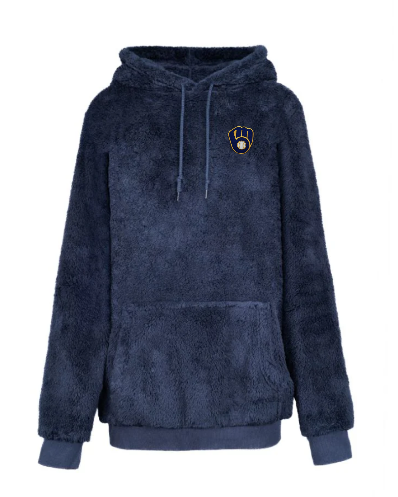 Navy blue sherpa hoodie with a milwaukee brewers logo on a white background