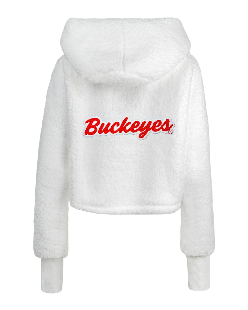 A white fuzzy cropped hoodie with 'Buckeyes' printed in red script across the chest, shown against a plain white background.
