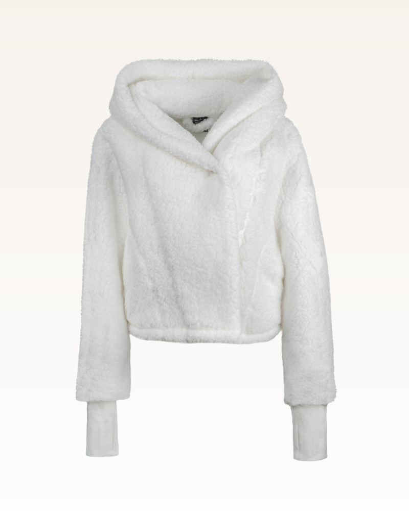 White fleece hoodie on a white background