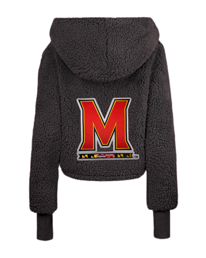 A black sherpa fleece cropped hoodie shown from the back, featuring a large red and yellow 'M' logo with a black and white outline, and the Maryland state flag underneath.