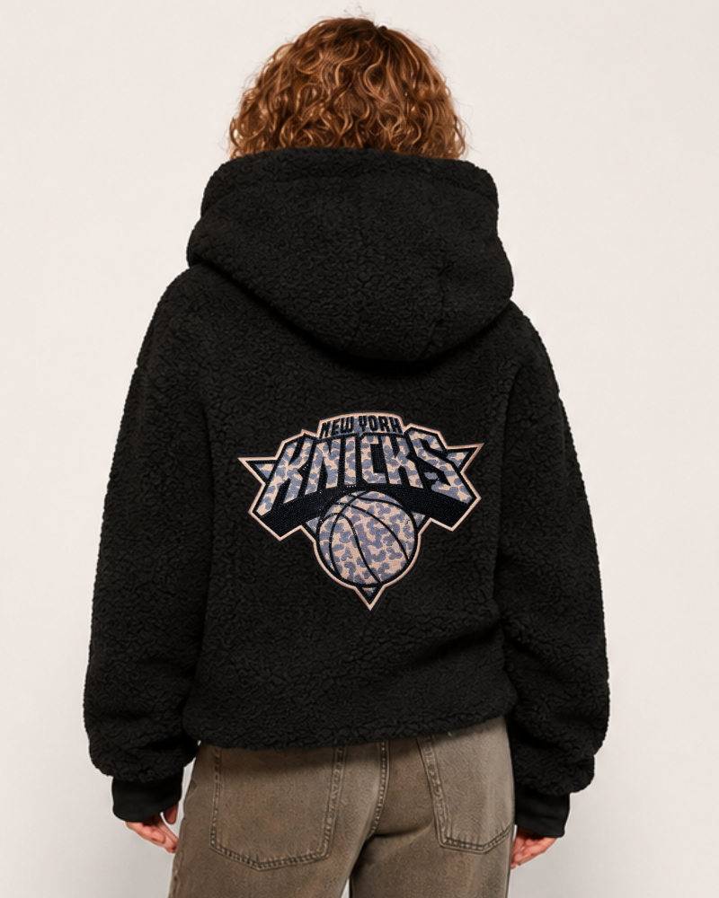 New York Knicks Bedazzled Leopard Logo Cropped Sherpa Lounger Jacket
